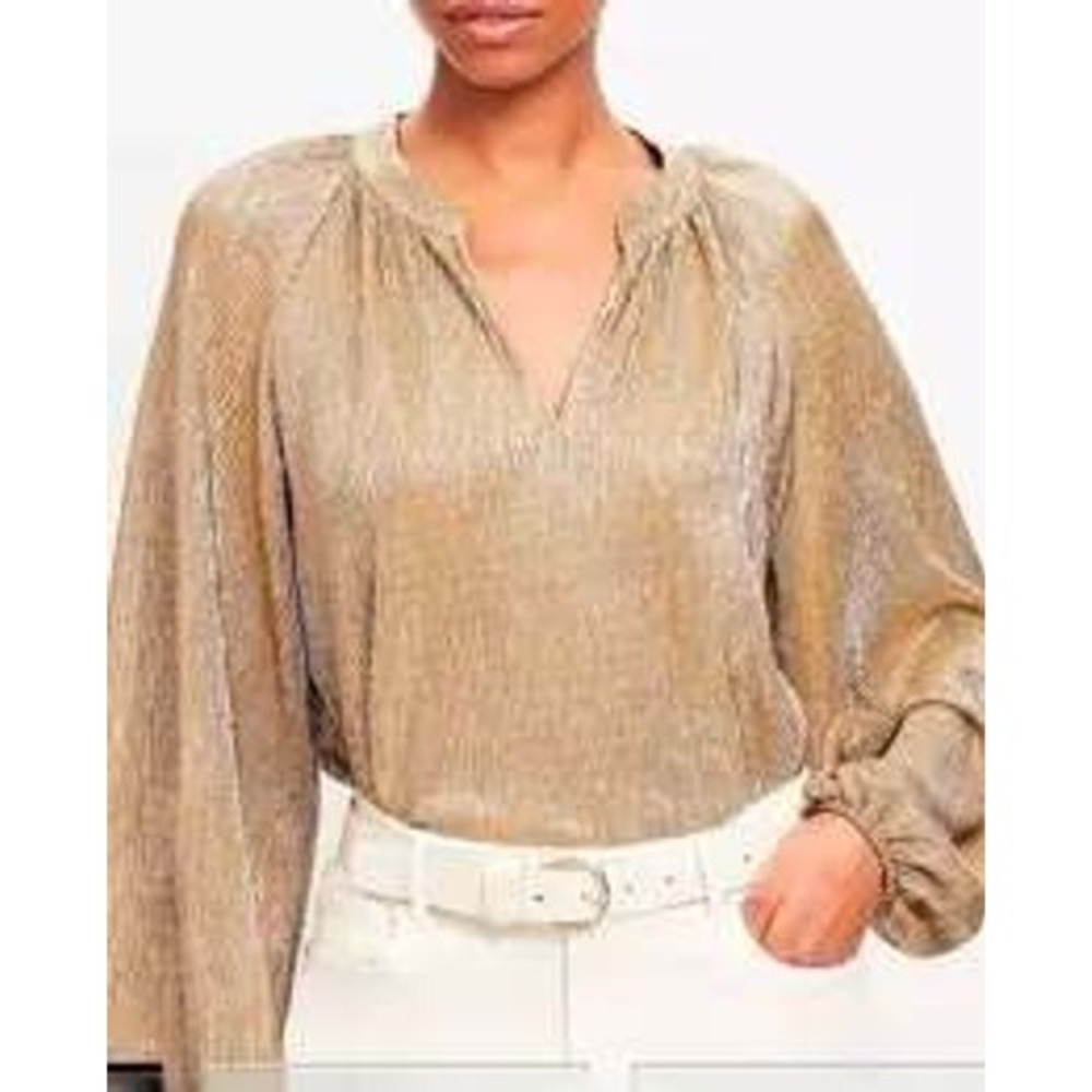 Loft Blouse Size S Gold‎ Pleated Metallic V-Neck Balloon Sleeve Shimmer NYE